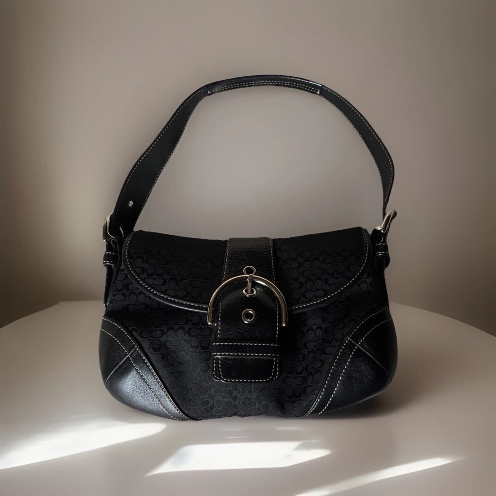 COACH 6818 Black Leather/Canvas Vintage Soho Hobo Signature C Buckle Flap Bag - Image 1