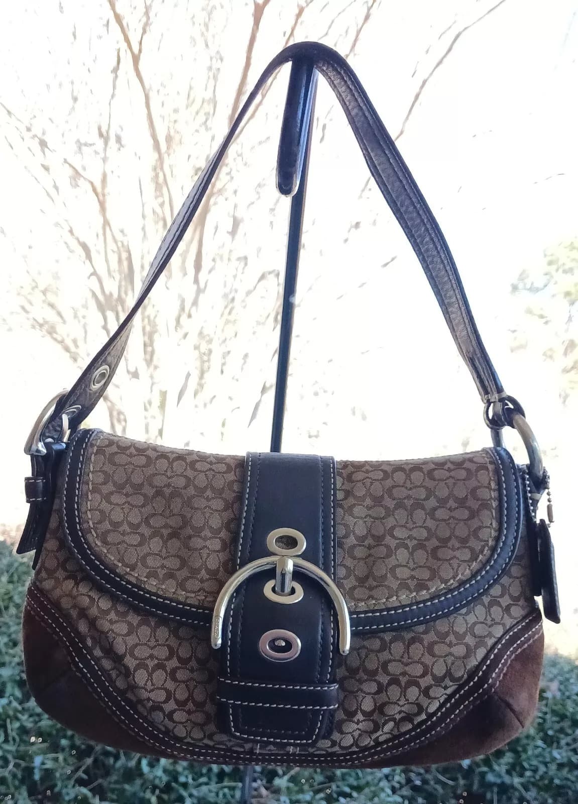 Coach SMALL F10925 Vintage Y2K Soho Brown Suede Leather & Signature C Canvas Bag - Image 1